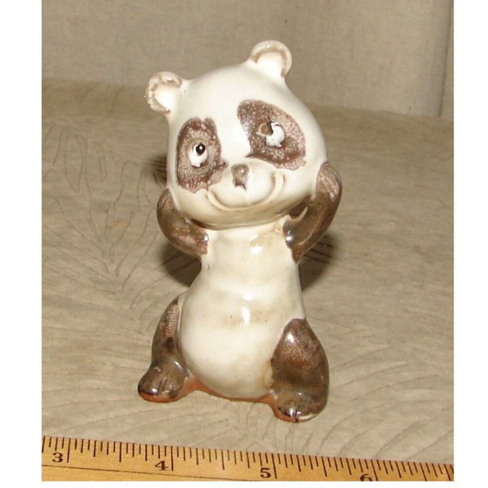 Vintage Brown & White PANDA FIGURINE, Red Clay w/Mottled Snowy Glaze